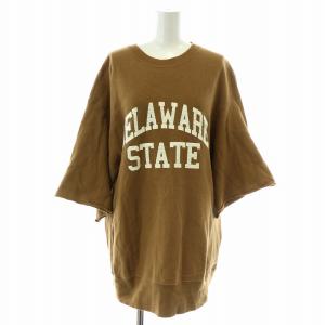 L'Appartement Americana スウェット トレーナー 七分袖 クルーネック ロゴプリント オーバーサイズ カットオフ 茶 ブラウン 白