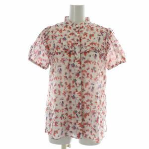 シャツ ブラウス 半袖 ノーカラー バンドカラー パフスリーブ 花柄 総柄 フリル 36 M 白 ホワイト