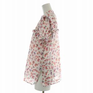 René シャツ ブラウス 半袖 ノーカラー バンドカラー パフスリーブ 花柄 総柄 フリル 36 M 白 ホワイト