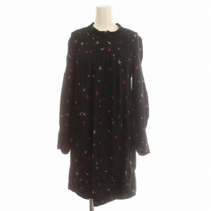 ワンピース シルク ひざ丈 長袖 鳥柄 0 S 黒 ブラック