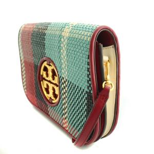 TORY BURCH ショルダーバッグ チェック 編み込み レザー ロゴ 赤 レッド