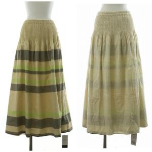 タグ付き 24SS リバーシブルギャザースカート フレア マキシ ロング チェック ボーダー 麻 リネン混