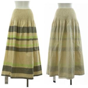 Simplicite タグ付き 24SS リバーシブルギャザースカート フレア マキシ ロング チェック ボーダー 麻 リネン混