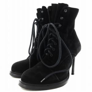 ANN DEMEULEMEESTER ショートブーツ アーモンドトゥ ヒール レースアップ スエード 37 24.0cm 黒 ブラック
