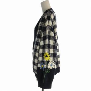 ニット カーディガン チェック柄 花刺繍 Vネック XL 白 ホワイト
