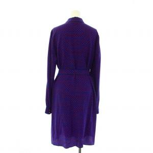 TORY BURCH シルクシャツドレス シャツワンピース フレア ミモレ ロング 長袖 ハーフボタン 総柄 ベルト付き S 紺 ネイビー 赤 レッド