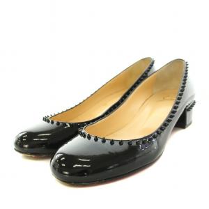 パンプス ラウンドトゥ チャンキーヒール スタッズ エナメル 保存袋付き 36.5 23.5cm 黒 ブラック
