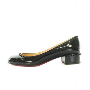Christian Louboutin パンプス ラウンドトゥ チャンキーヒール スタッズ エナメル 保存袋付き 36.5 23.5cm 黒 ブラック
