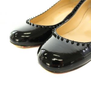 Christian Louboutin パンプス ラウンドトゥ チャンキーヒール スタッズ エナメル 保存袋付き 36.5 23.5cm 黒 ブラック
