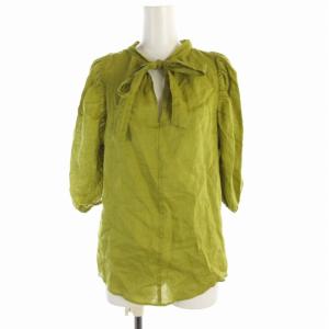 ブラウス カットソー 麻 リネン スキッパー リボン パフスリーブ 七分袖 38 M マスタード /RO