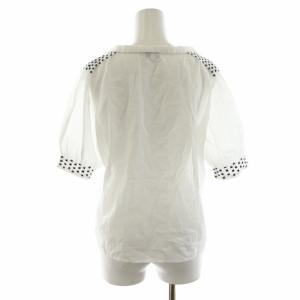 agnes b. シャツ ブラウス プルオーバー スキッパー チェック 刺繍 ギャザー シアー シースルー 総柄 半袖 2 M 白 ホワイト