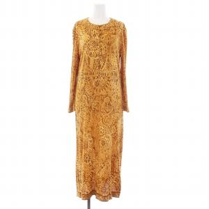 PARIS ヴィンテージ ロングワンピース 長袖 総柄 シルク100％ 44 XL 茶 ブラウン /KH