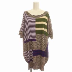 カットソー 半袖 ニット ボーダー 42 M 紫 カーキ /G