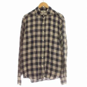 ネルシャツ ギンガムチェック リネン 麻 長袖 L ネイビー グレージュ /G