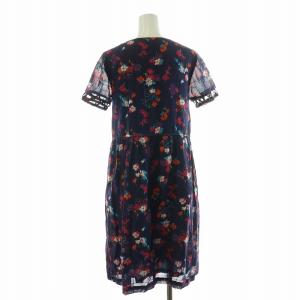 YVES SAINT LAURENT フレアワンピース ギャザー 半袖 花柄 フラワーモチーフ ひざ丈 紺 ネイビー