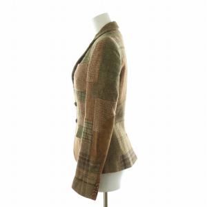 RALPH LAUREN テーラードジャケット チェック シングル パッチワーク 総裏地 センターベント 羊毛 アルパカ 2 S 茶 ブラウン