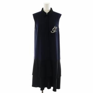 22SS ワンピース ミモレ ロング ノースリーブ ビジュー ロゴ 36 S 黒 ブラック 紺 ネイビー