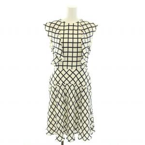 ワンピース ひざ丈 半袖 フリル チェック柄 絹 シルク 40 M 白 ホワイト 紺 ネイビー 34208