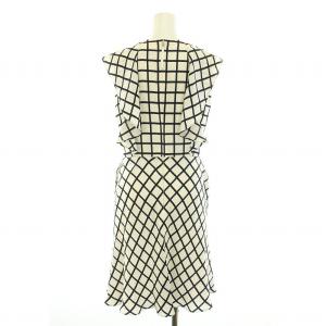 FOXEY NEW YORK ワンピース ひざ丈 半袖 フリル チェック柄 絹 シルク 40 M 白 ホワイト 紺 ネイビー 34208