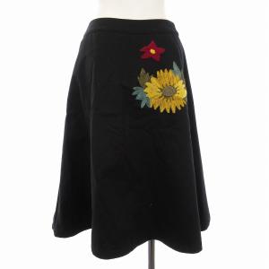 Lois CRAYON フレアスカート ひざ丈 花柄刺繍 M 黒 ブラック