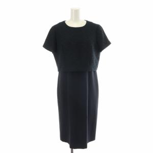 ドッキングワンピース ひざ丈 切替 半袖 L 紺 ネイビー