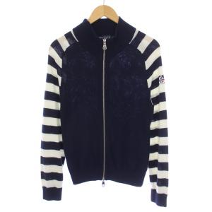 ボーダードライバーズニット ジャケット ジップアップ ハイネック ウール M 紺 ネイビー 白 ホワイト