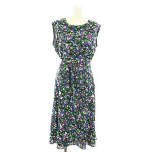 ワンピース ひざ丈 ラウンドネック ノースリーブ 花柄 リボンベルト 2 M 黒 ブラック 紫 パープル