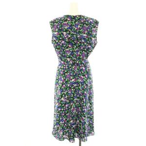 LAUREN RALPH LAUREN ワンピース ひざ丈 ラウンドネック ノースリーブ 花柄 リボンベルト 2 M 黒 ブラック 紫 パープル