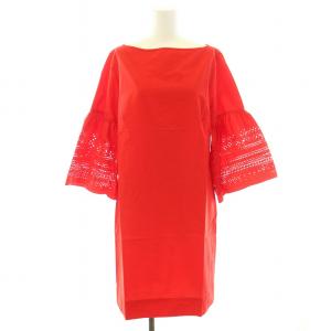 ワンピース ひざ丈 ボートネック 長袖 カットワークレース 2 M 赤 レッド /YT