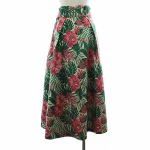 GRACE CONTINENTAL ハイビスカスジャガードスカート フレア ミモレ ロング 花柄 フィッシュテール フラワーモチーフ 36 S ピンク 緑 グリーン