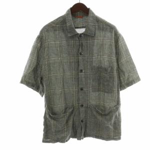 BARENA シャツ チェック 麻 リネン 半袖 48 L グレー /XK