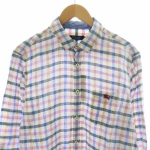 BURBERRY BLACK LABEL タグ付き カジュアルシャツ チェック 長袖 麻 リネン100％ ロゴ刺繍 3 L マルチカラー