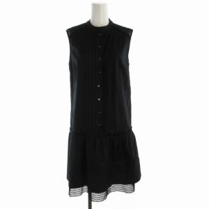 フレアワンピース ひざ丈 ノースリーブ 切替 シアー シースルー 刺繍 プリーツ 38 M 紺 ネイビー