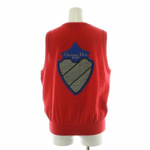 Christian Dior ベスト ヴィンテージ Vネック ロゴワッペン バック刺繍 M 赤 レッド