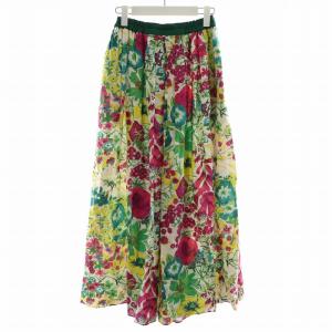フラワープリントギャザースカート フレアスカート ミモレ ロング 花柄 麻 リネン シルク 絹 36 S