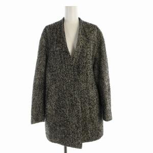 ノーカラーコート ロング ツイード Vネック 36 S 白 ホワイト 黒 ブラック