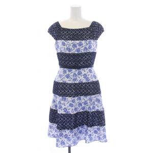 TOCCA ワンピース ひざ丈 フレンチスリーブ 花柄 切替 レース 0 S 紺 ネイビー 白 ホワイト /BM