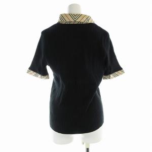 BURBERRY LONDON リブニット カットソー ノバチェック レースアップ 襟切替 半袖 2 M 黒 ブラック ベージュ