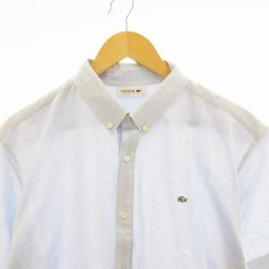 LACOSTE ボタンダウンシャツ 半袖 カットソー チェック 総柄 ロゴ刺繍 6 XL 青 ブルー /MM