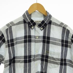 LACOSTE レギュラーフィットシャツ チェック柄 半袖 カットソー ボタンダウン青 ブルー CH673EL