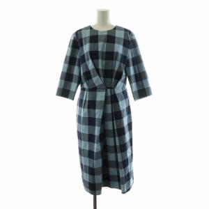 フレアワンピース タック ミモレ ロング チェック 七分袖 ノーカラー インナードレス付き 38 M 紺