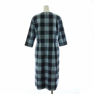 ADORE フレアワンピース タック ミモレ ロング チェック 七分袖 ノーカラー インナードレス付き 38 M 紺