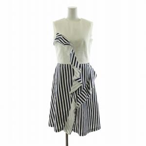 ノースリーブワンピース ひざ丈 ストライプ フリル 切替 0 S 白 ホワイト 紺 ネイビー