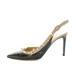 VALENTINO GARAVANI パンプス ポインテッドトゥ ハイヒール アンクルストラップ スタッズ エナメル 保存箱付き 38 25.0cm 黒 ブラック