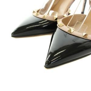 VALENTINO GARAVANI パンプス ポインテッドトゥ ハイヒール アンクルストラップ スタッズ エナメル 保存箱付き 38 25.0cm 黒 ブラック