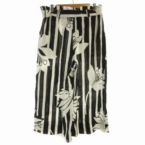 MAX&CO. ワイドパンツ ストライプ リネン 花柄 ウエストリボン 48 XL 白 ホワイト 黒 ブラック