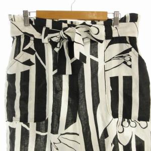 MAX&CO. ワイドパンツ ストライプ リネン 花柄 ウエストリボン 48 XL 白 ホワイト 黒 ブラック