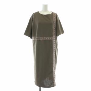 ワンピース ミモレ ロング 半袖 クルーネック ストレッチ フック 切替 F チャコールグレー /BB