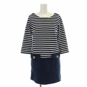 チュニック ボーダー 切替 ロゴ 刺繍 七分袖 36 XS 紺 ネイビー