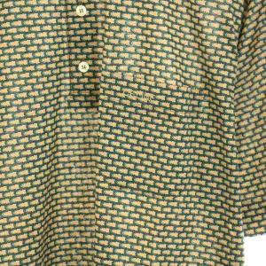 CELINE オム HOMME ポロシャツ ハーフボタン 半袖 ヴィンテージ 総柄 ロゴ刺繍 XL 緑 グリーン ベージュ